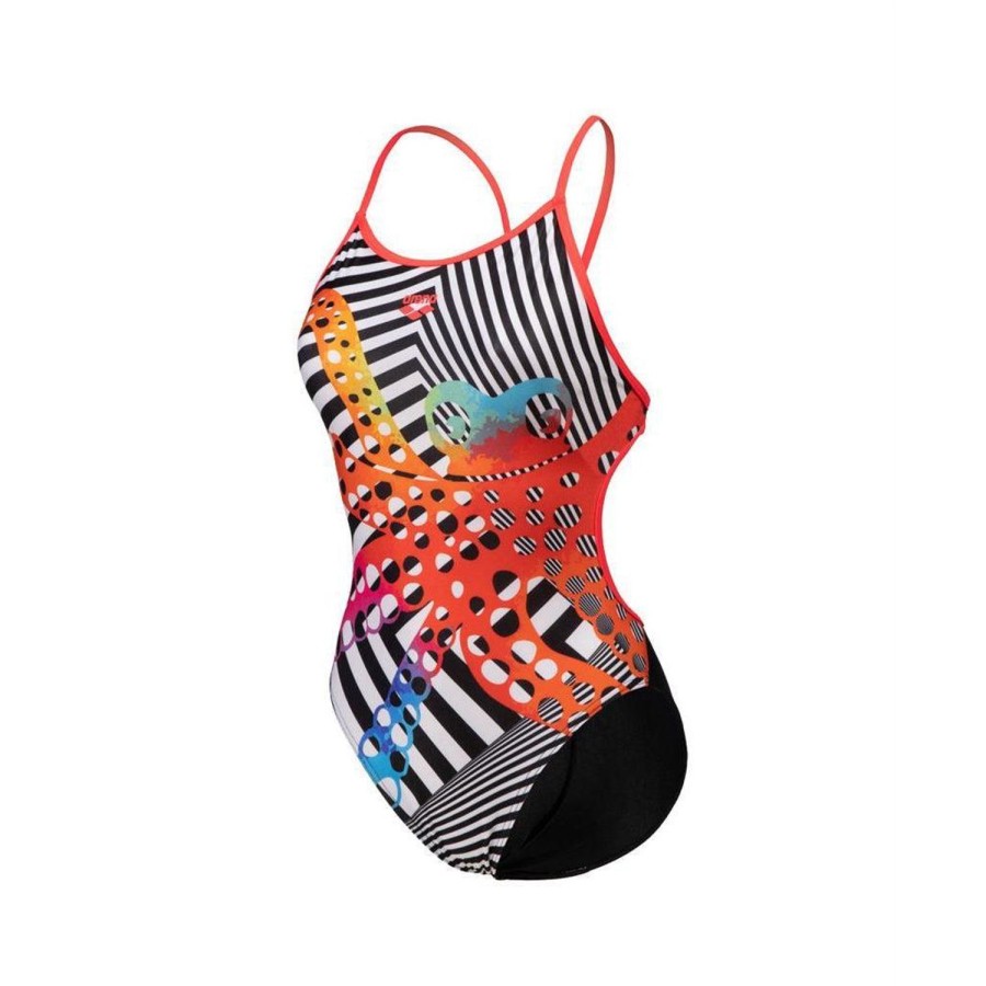 Women Arena One Piece Swimwear | Arena Crazy Octopus Lace Back 561 Blk/Fluo/Red