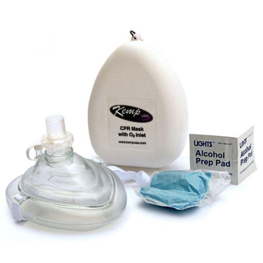 Lifeguard Kemp Pocket Masks | Kemp Usa Cpr Mask W/O2 Inlet, Headstrap, Gloves, And Wipes White